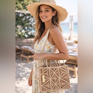 House of Harlow 1960 Geometric Woven Raffia Tote Beige Gold Chain Crossbody Bag